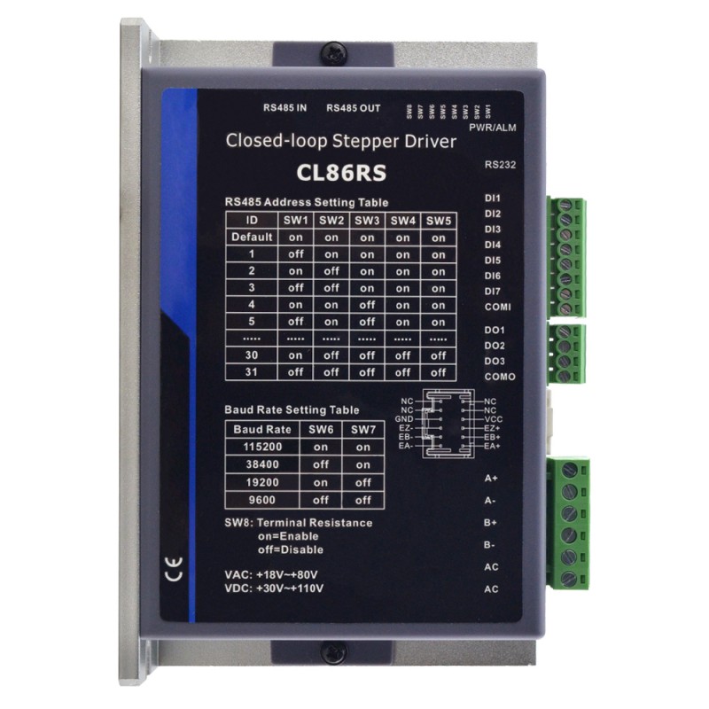 Sterownik krokowy Modbus RS485 z zamkniętą pętlą CL86RS 2,1-8,0 A 30-110 V DC / 18-80 V AC