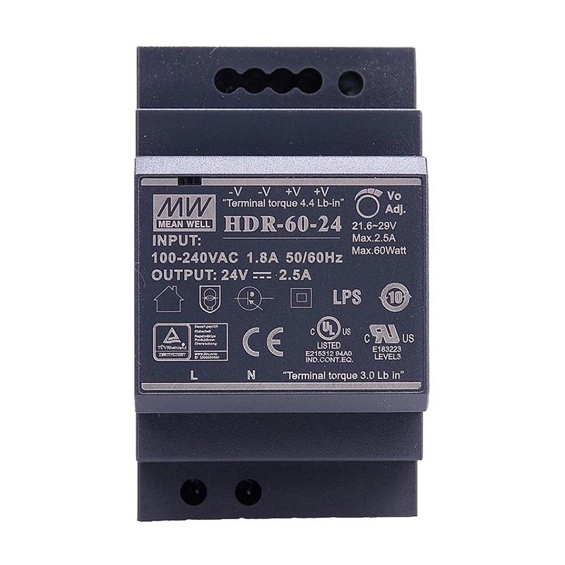 Zasilacz na szynę din 24v MeanWell HDR-60-24 60W 2,5A ultra smukły kształt stopnia