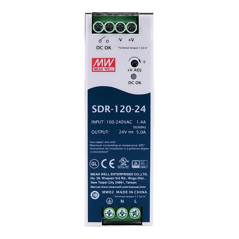 Zasilacz na szynę din 24vMeanwell SDR-120-24 5A 120W z funkcją PFC