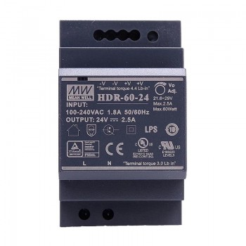Zasilacz na szynę din 24v MeanWell HDR-60-24 60W 2,5A ultra smukły kształt stopnia